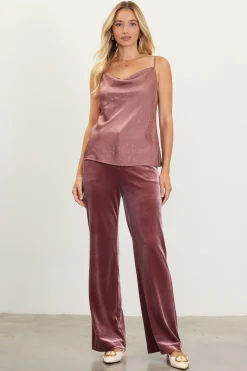 SKIES ARE BLUE Sleeveless Tops*Shimmery Satin Cowl Neck Cami Mauve