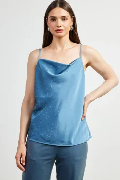 SKIES ARE BLUE Sleeveless Tops*Shimmery Satin Cowl Neck Cami Dustyblue