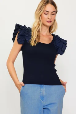 SKIES ARE BLUE Sleeveless Tops*Shirred Ruffle Sleeve Ribbed Sweater Navy