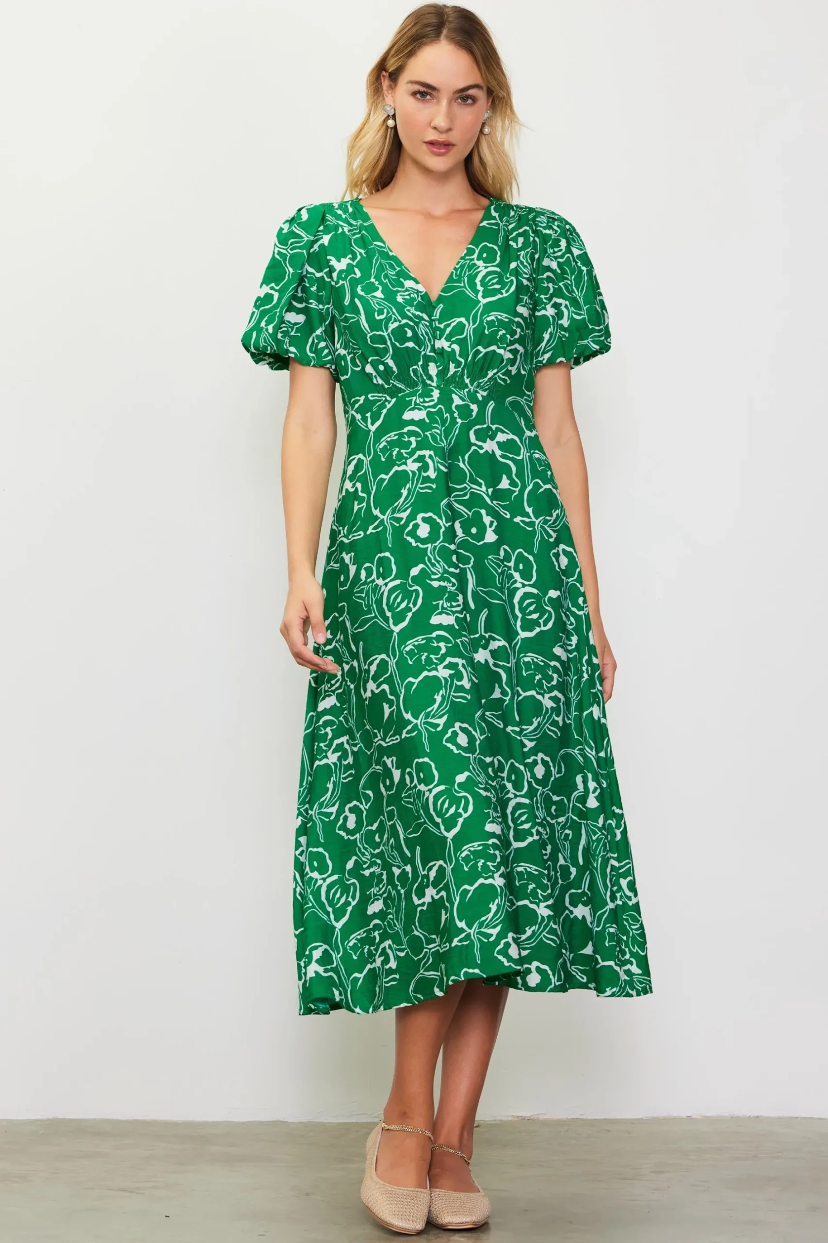 SKIES ARE BLUE Midi Dresses*Shirred Shoulder Print Midi Dress Green