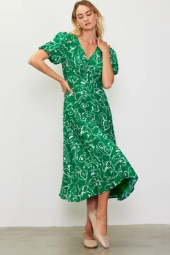SKIES ARE BLUE Midi Dresses*Shirred Shoulder Print Midi Dress Green