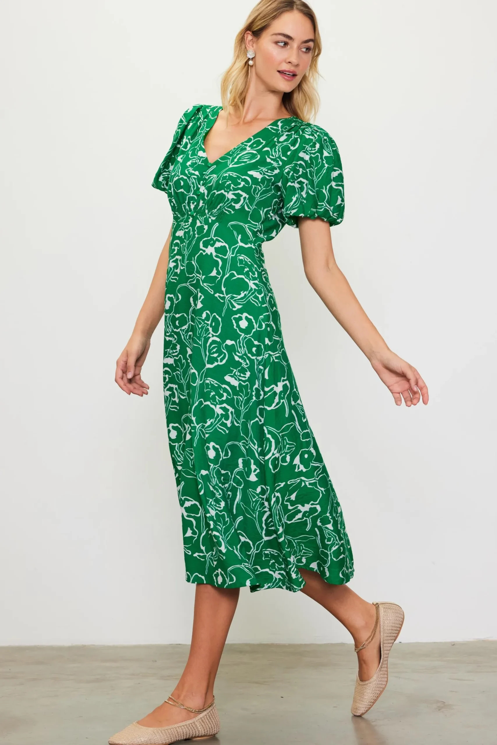 SKIES ARE BLUE Midi Dresses*Shirred Shoulder Print Midi Dress Green