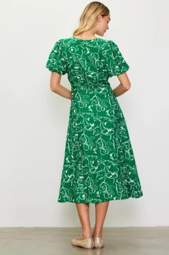 SKIES ARE BLUE Midi Dresses*Shirred Shoulder Print Midi Dress Green