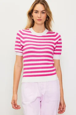 SKIES ARE BLUE Short Sleeve Tops|Sweaters*Short Sleeve Knit Stripe Sweater White-pink