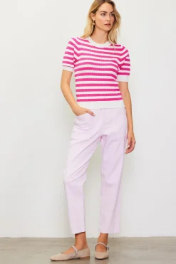 SKIES ARE BLUE Short Sleeve Tops|Sweaters*Short Sleeve Knit Stripe Sweater White-pink