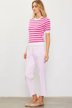 SKIES ARE BLUE Short Sleeve Tops|Sweaters*Short Sleeve Knit Stripe Sweater White-pink