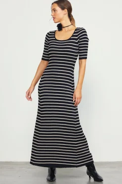SKIES ARE BLUE Maxi Dresses*Short Sleeve Striped Knit Maxi Dress Black-cream