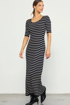 SKIES ARE BLUE Maxi Dresses*Short Sleeve Striped Knit Maxi Dress Black-cream