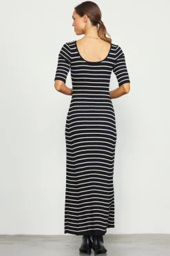 SKIES ARE BLUE Maxi Dresses*Short Sleeve Striped Knit Maxi Dress Black-cream