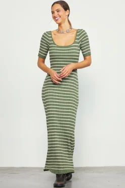 SKIES ARE BLUE Maxi Dresses*Short Sleeve Striped Knit Maxi Dress Olive-cream