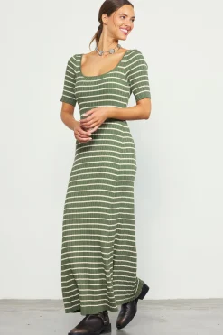 SKIES ARE BLUE Maxi Dresses*Short Sleeve Striped Knit Maxi Dress Olive-cream