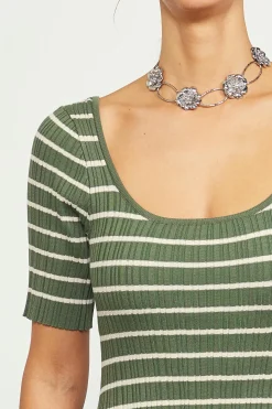 SKIES ARE BLUE Maxi Dresses*Short Sleeve Striped Knit Maxi Dress Olive-cream