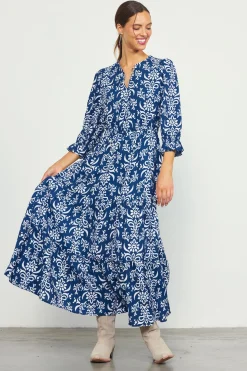 SKIES ARE BLUE Maxi Dresses*Skye Split Neck Ruffle Maxi Dress Navy