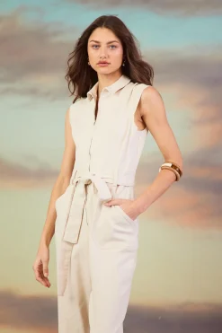 SKIES ARE BLUE Jumpsuits*Sleeveless Washed Denim Jumpsuit Natural