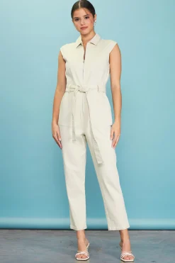 SKIES ARE BLUE Jumpsuits*Sleeveless Washed Denim Jumpsuit Natural