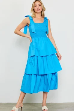 SKIES ARE BLUE Midi Dresses*Smocked Bodice Ribbon Detail Tiered Midi Dress Capriblue