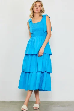 SKIES ARE BLUE Midi Dresses*Smocked Bodice Ribbon Detail Tiered Midi Dress Capriblue
