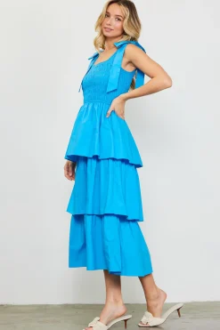 SKIES ARE BLUE Midi Dresses*Smocked Bodice Ribbon Detail Tiered Midi Dress Capriblue