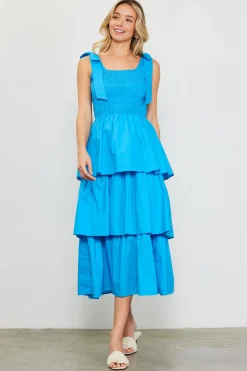SKIES ARE BLUE Midi Dresses*Smocked Bodice Ribbon Detail Tiered Midi Dress Capriblue