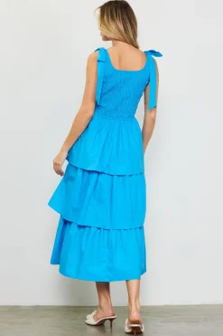 SKIES ARE BLUE Midi Dresses*Smocked Bodice Ribbon Detail Tiered Midi Dress Capriblue