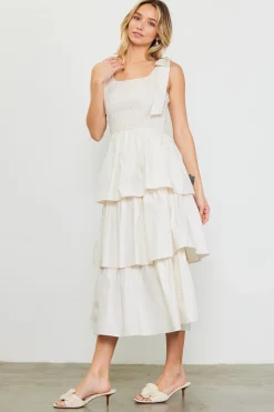 SKIES ARE BLUE Midi Dresses*Smocked Bodice Ribbon Detail Tiered Midi Dress Offwhite