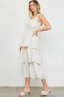 SKIES ARE BLUE Midi Dresses*Smocked Bodice Ribbon Detail Tiered Midi Dress Offwhite