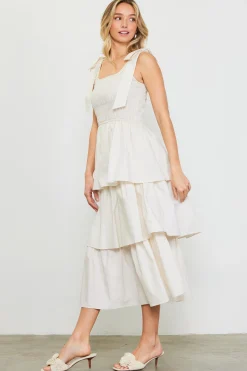 SKIES ARE BLUE Midi Dresses*Smocked Bodice Ribbon Detail Tiered Midi Dress Offwhite