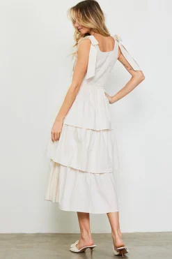 SKIES ARE BLUE Midi Dresses*Smocked Bodice Ribbon Detail Tiered Midi Dress Offwhite