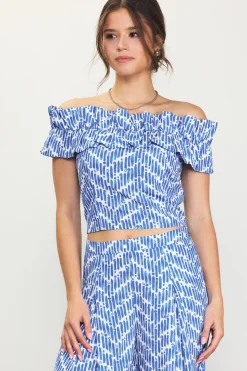 SKIES ARE BLUE Short Sleeve Tops*Smocked Off Shoulder Ruffle Top Blue
