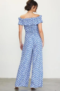 SKIES ARE BLUE Short Sleeve Tops*Smocked Off Shoulder Ruffle Top Blue
