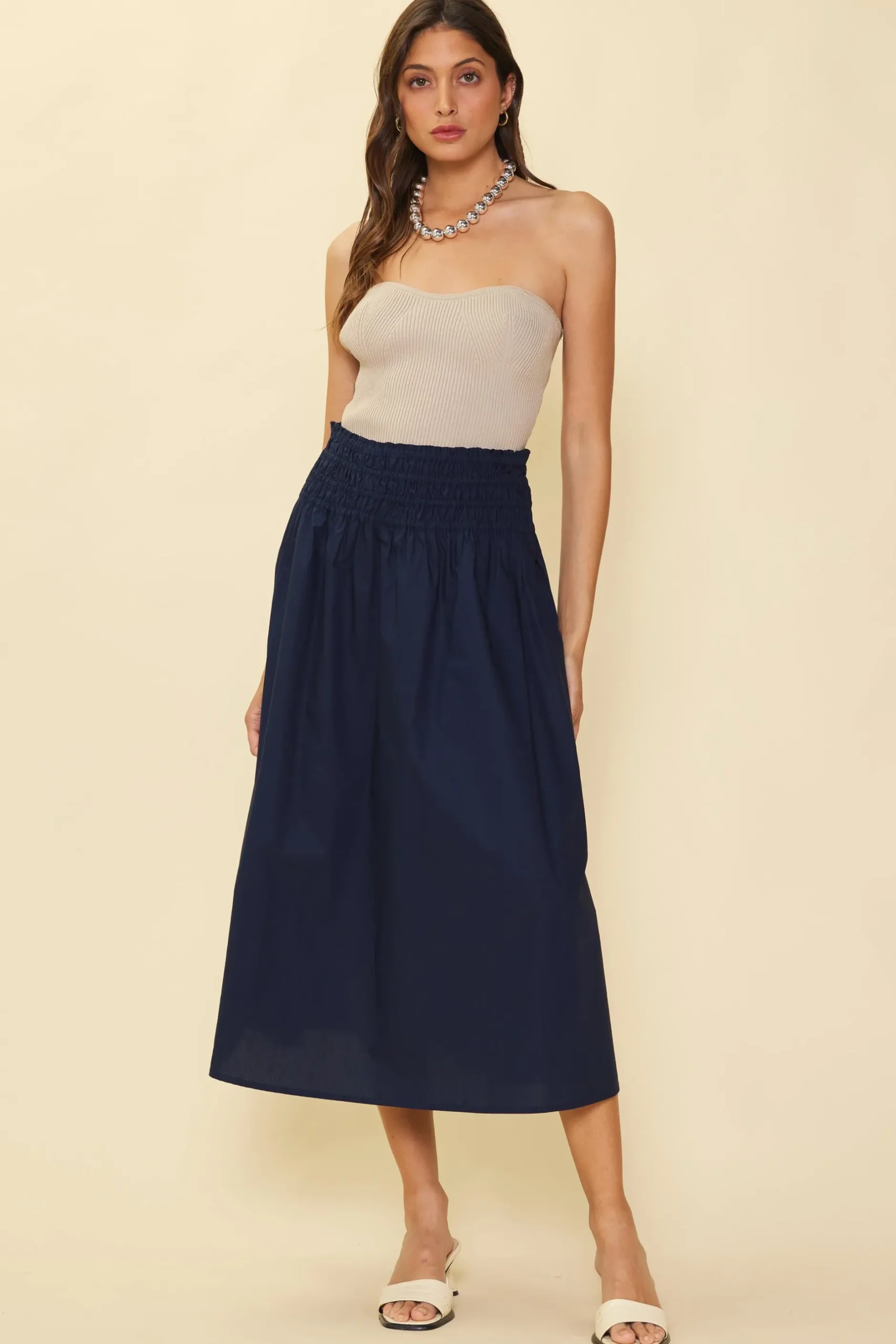 SKIES ARE BLUE Skirts*Smocked Waist Flared Skirt Navy