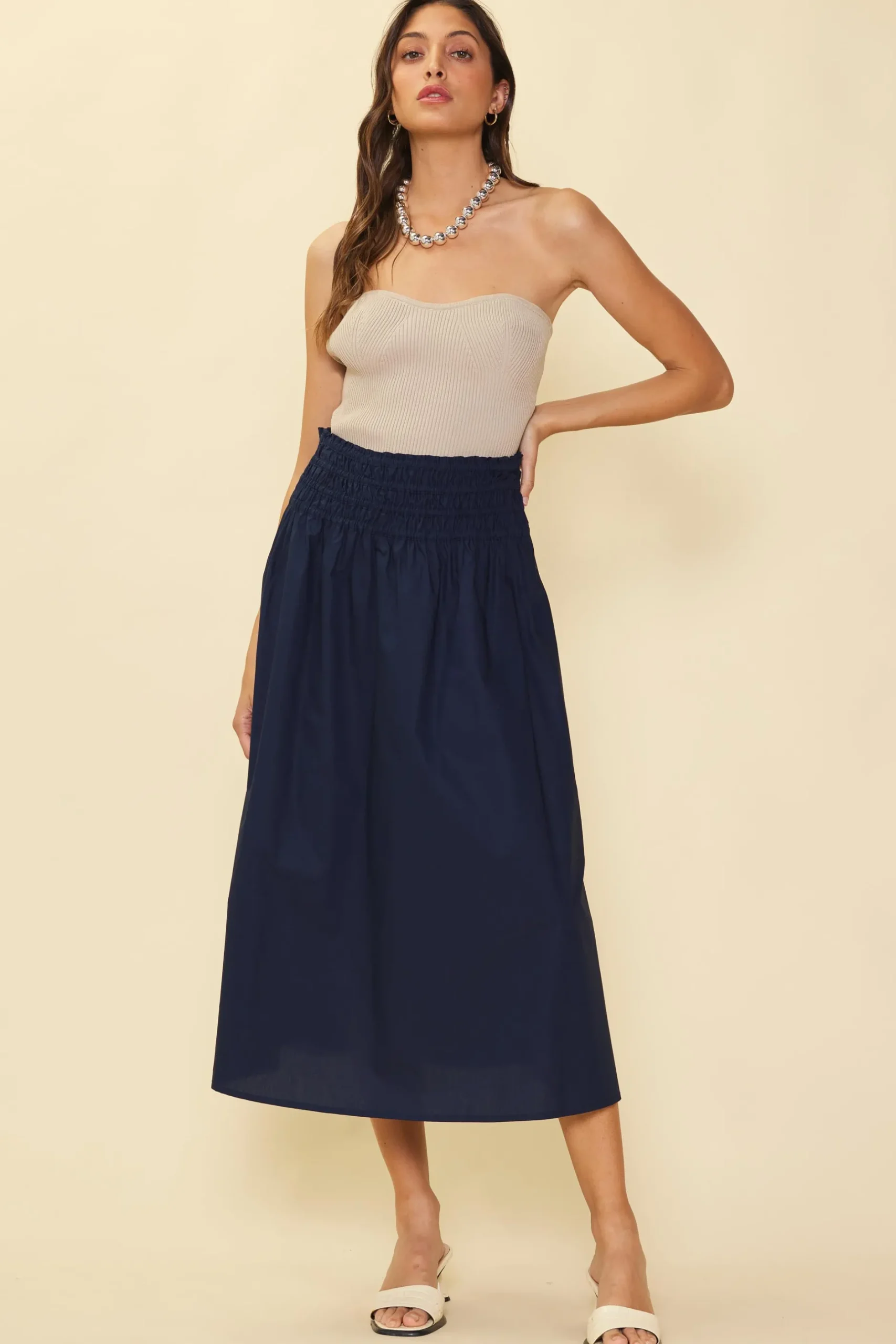 SKIES ARE BLUE Skirts*Smocked Waist Flared Skirt Navy