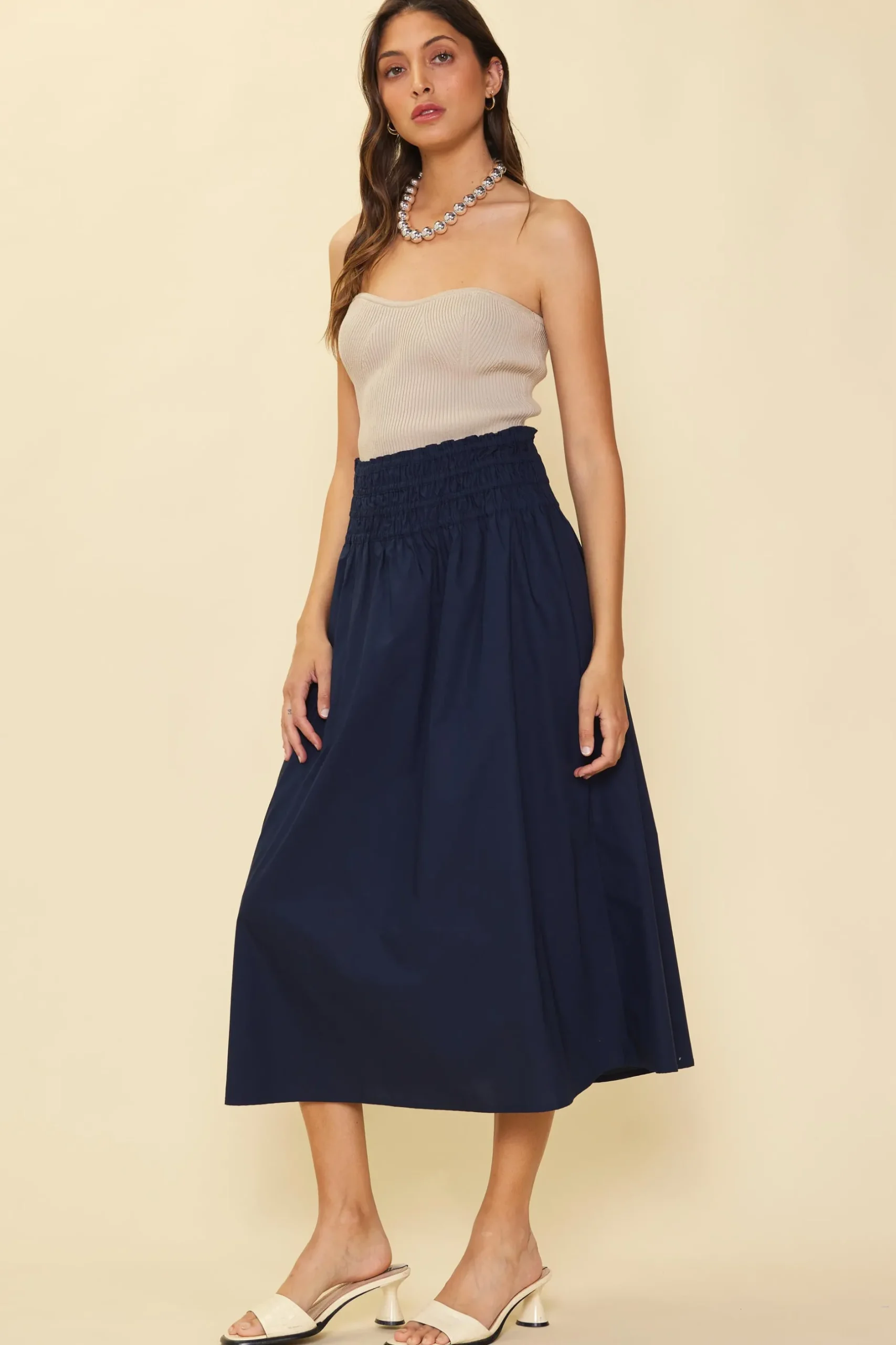 SKIES ARE BLUE Skirts*Smocked Waist Flared Skirt Navy
