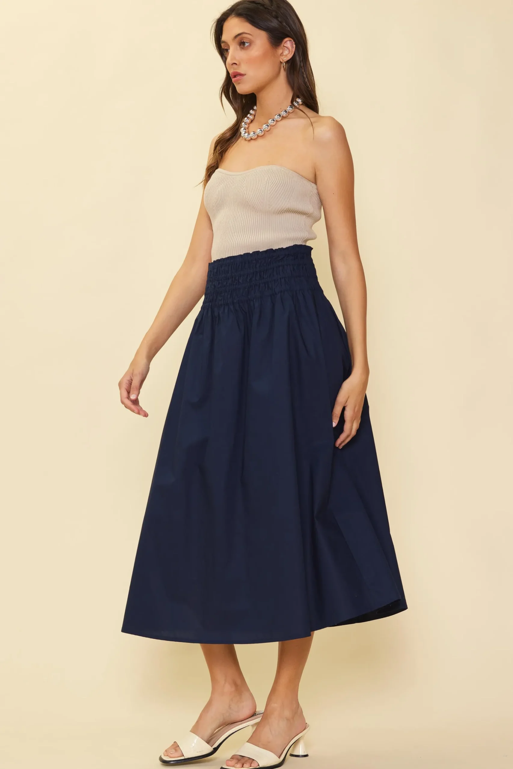 SKIES ARE BLUE Skirts*Smocked Waist Flared Skirt Navy