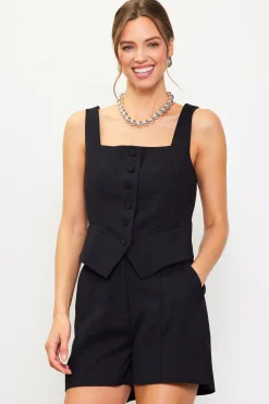 SKIES ARE BLUE Sleeveless Tops*Square Neck Button Vest Black