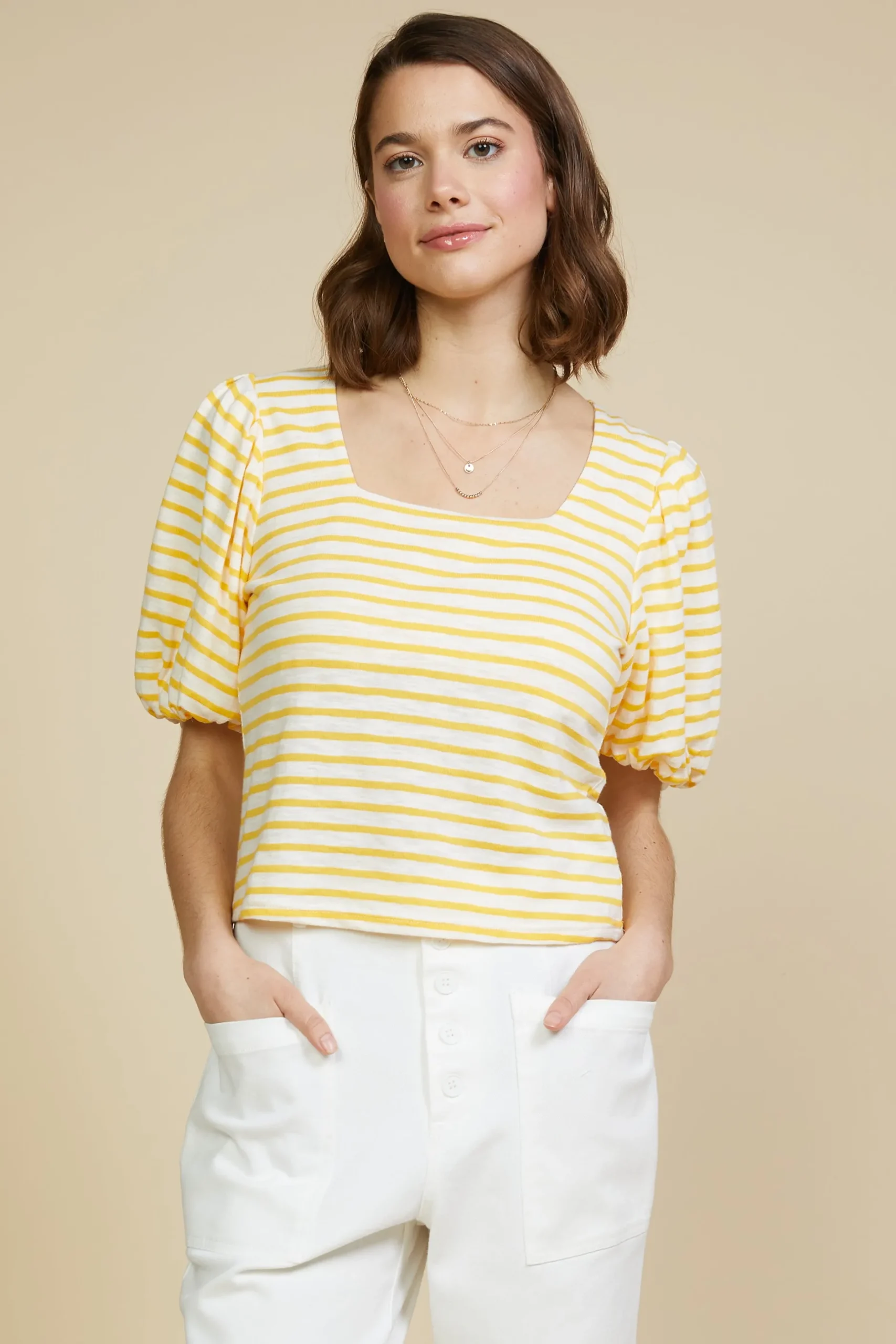 SKIES ARE BLUE Short Sleeve Tops*Square Neck Striped Top Mangosorbet