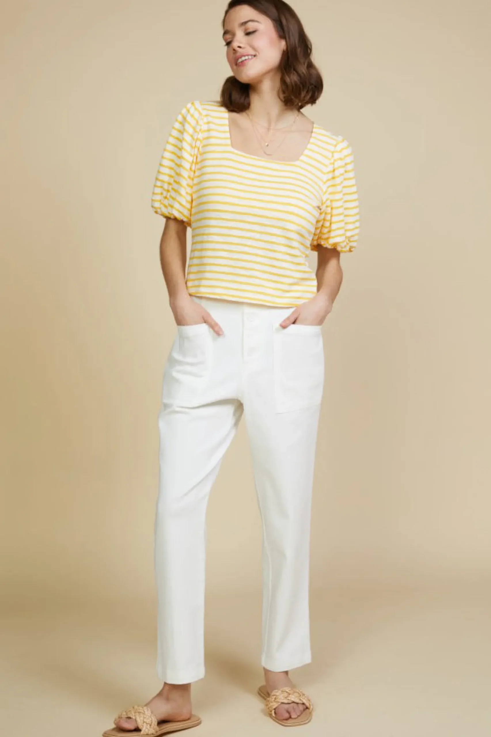 SKIES ARE BLUE Short Sleeve Tops*Square Neck Striped Top Mangosorbet