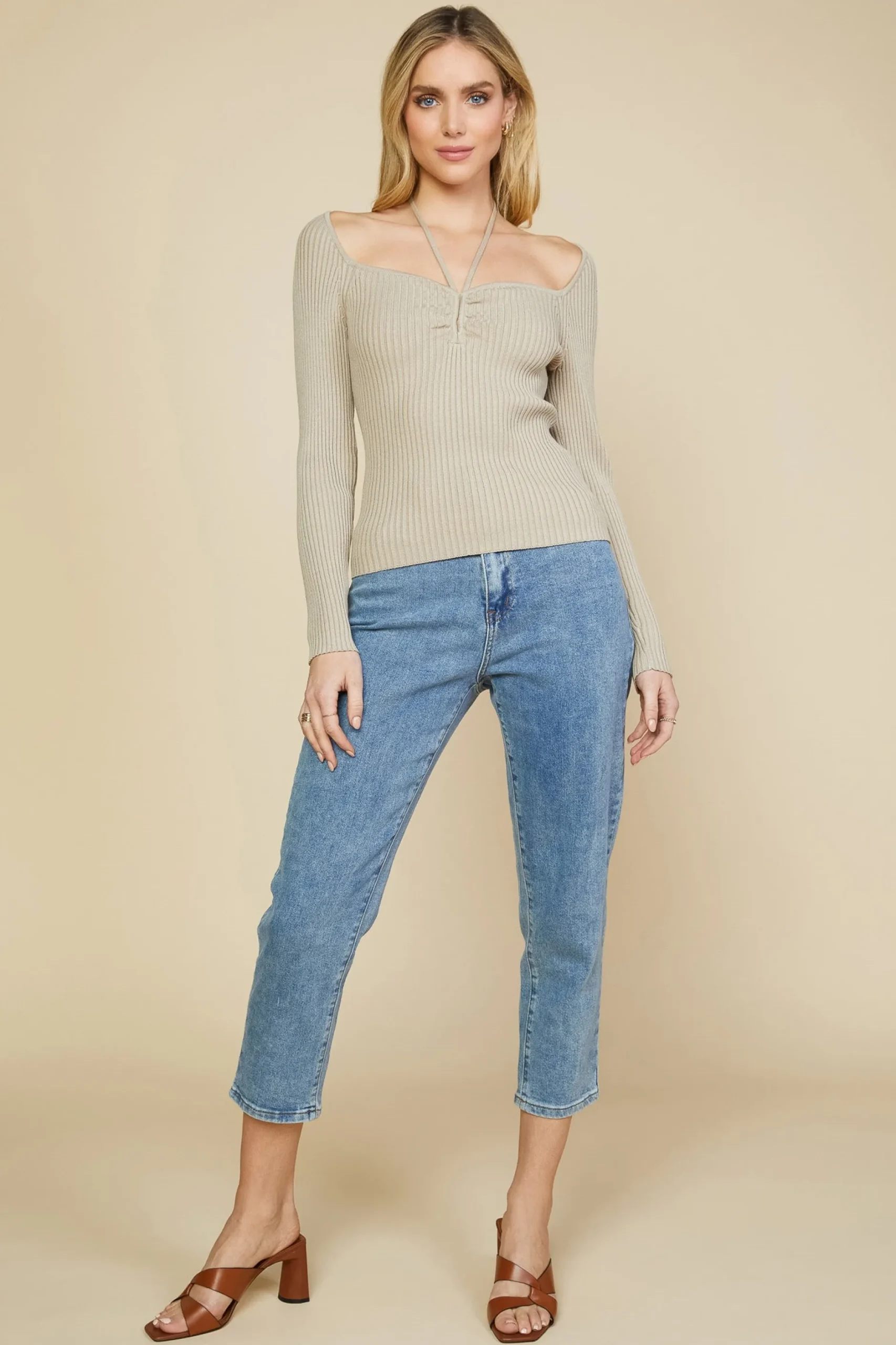 SKIES ARE BLUE Sweaters*Strappy Halter Ribbed Sweater Desertsand
