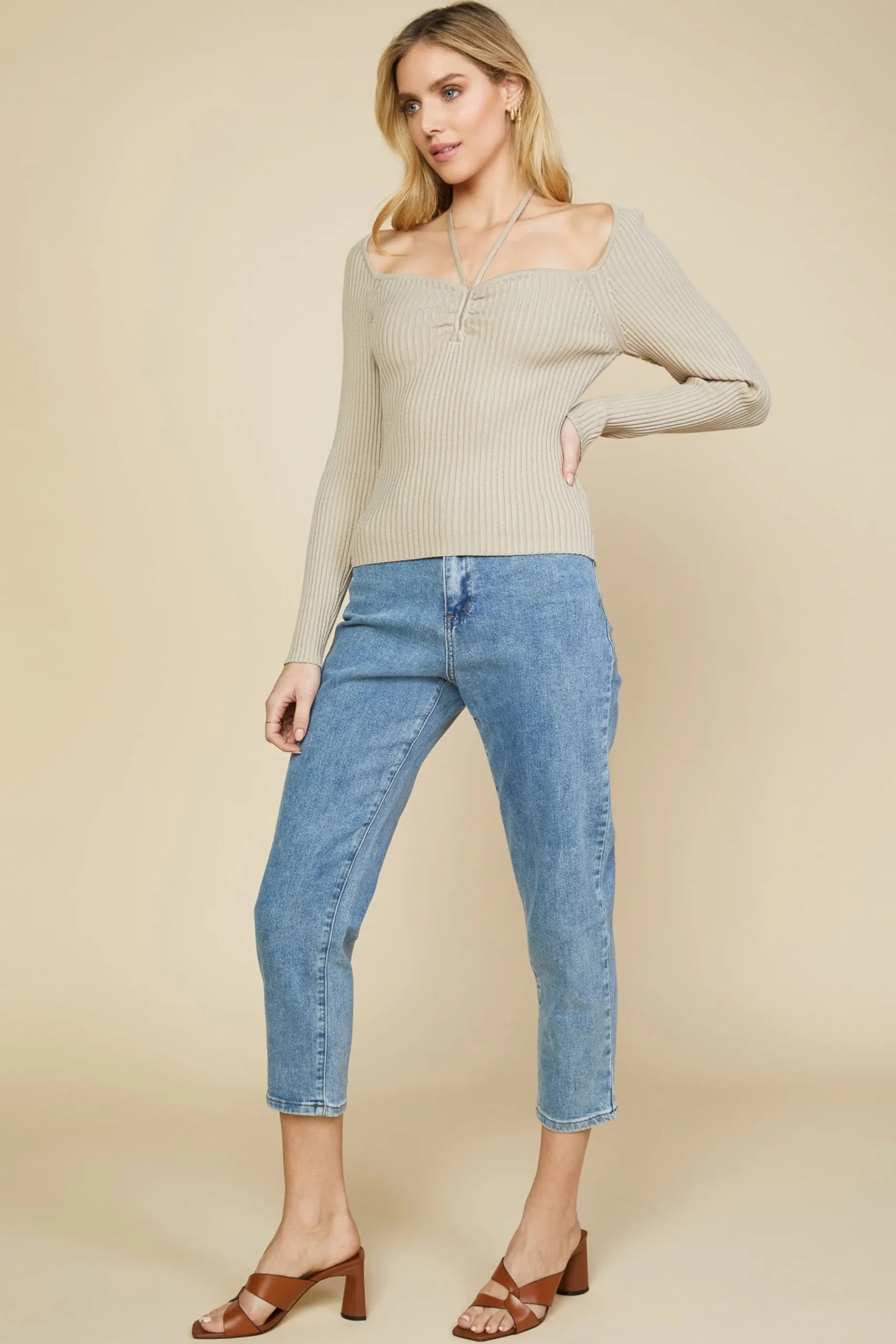 SKIES ARE BLUE Sweaters*Strappy Halter Ribbed Sweater Desertsand
