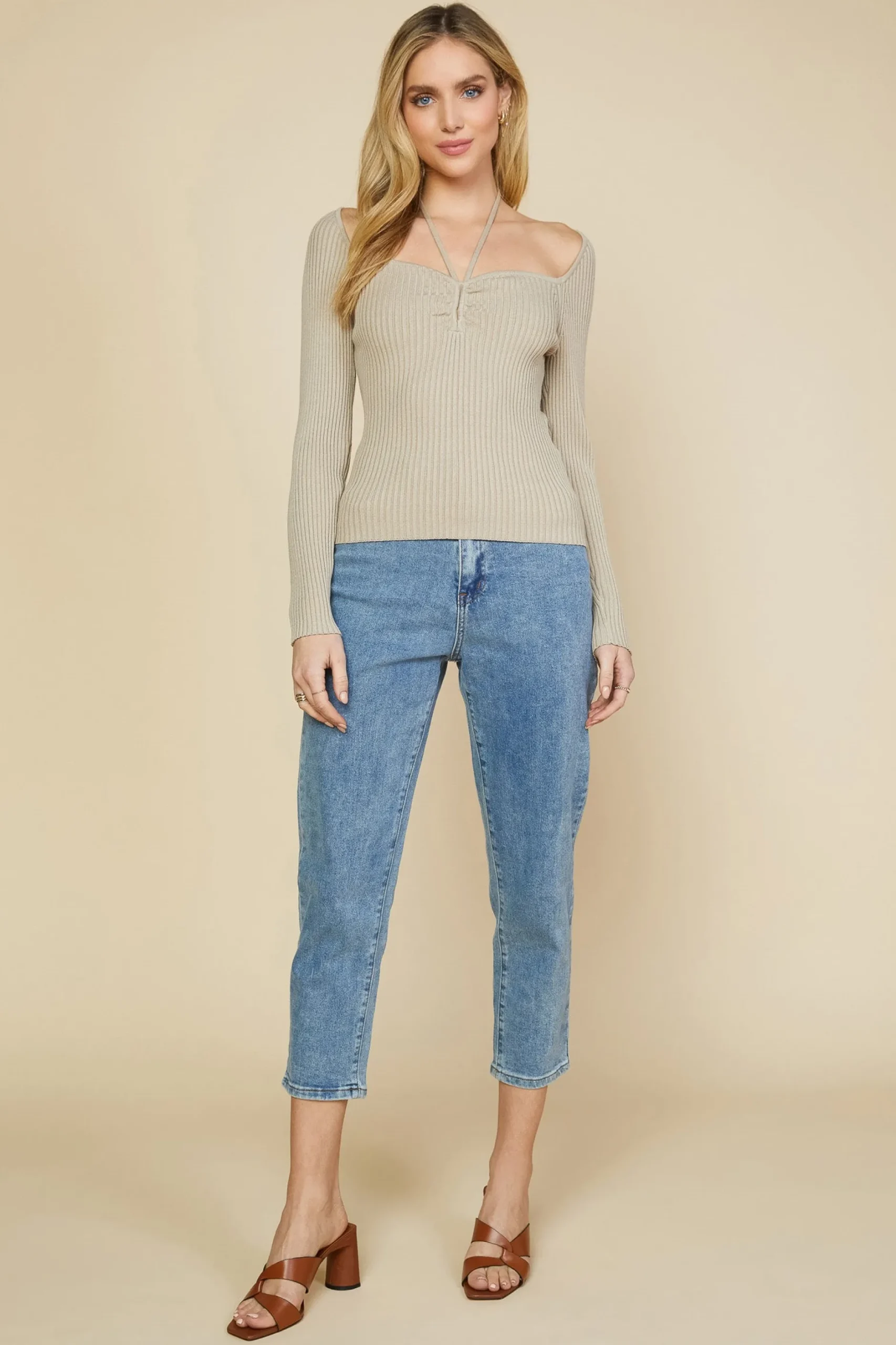 SKIES ARE BLUE Sweaters*Strappy Halter Ribbed Sweater Desertsand