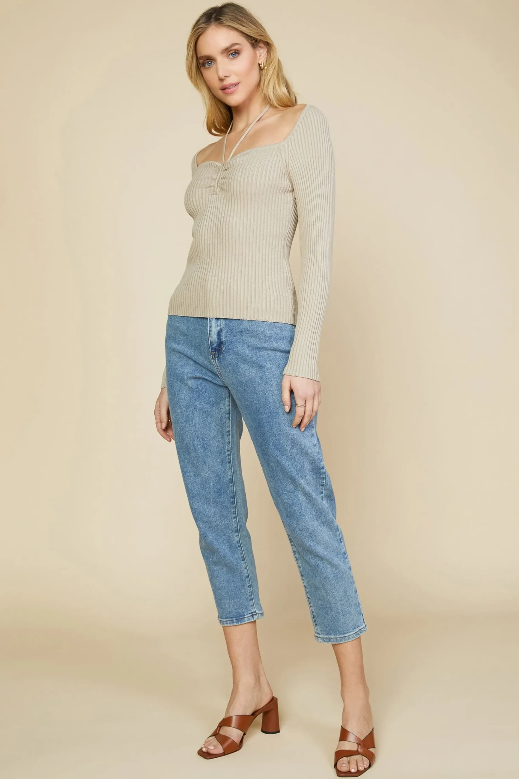 SKIES ARE BLUE Sweaters*Strappy Halter Ribbed Sweater Desertsand