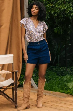 SKIES ARE BLUE Shorts*Stretch Denim Paper Bag Shorts Indigo