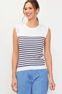 SKIES ARE BLUE Sleeveless Tops*Stripe Ruffle Sleeve Knit Top White-navy