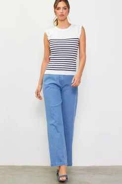 SKIES ARE BLUE Sleeveless Tops*Stripe Ruffle Sleeve Knit Top White-navy