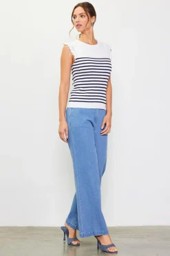 SKIES ARE BLUE Sleeveless Tops*Stripe Ruffle Sleeve Knit Top White-navy