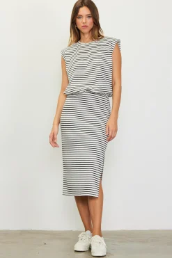 SKIES ARE BLUE Skirts*Striped Midi Skirt Ivory-black