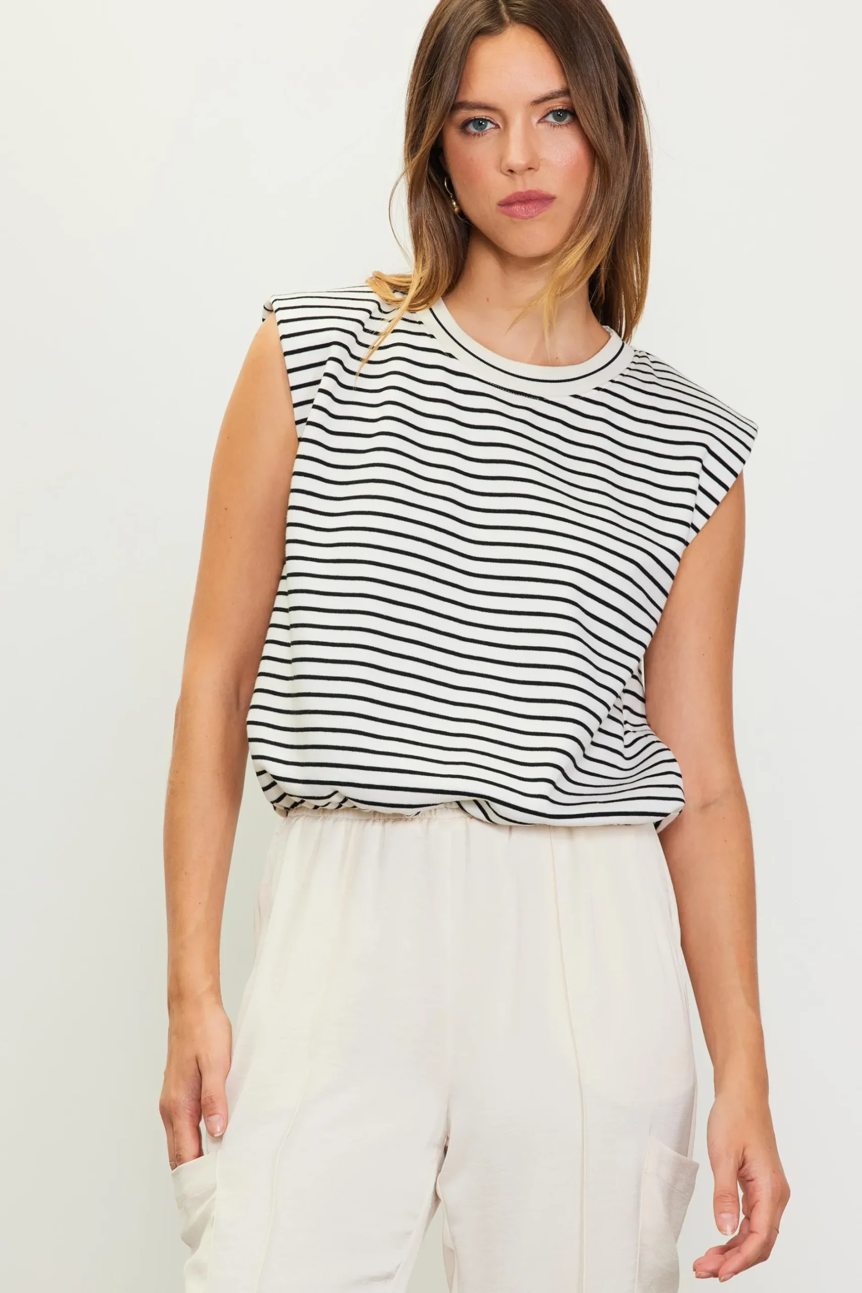 SKIES ARE BLUE Sleeveless Tops*Striped Muscle Tank Ivory-black