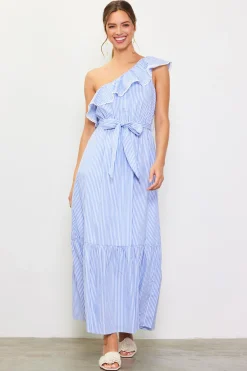 SKIES ARE BLUE Maxi Dresses*Striped One Shoulder Ruffle Dress Blue-white