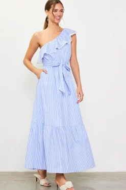 SKIES ARE BLUE Maxi Dresses*Striped One Shoulder Ruffle Dress Blue-white