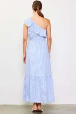 SKIES ARE BLUE Maxi Dresses*Striped One Shoulder Ruffle Dress Blue-white